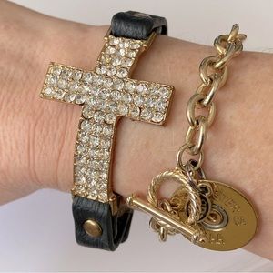 Cross Rhinestone Leather Strap Bracelet
